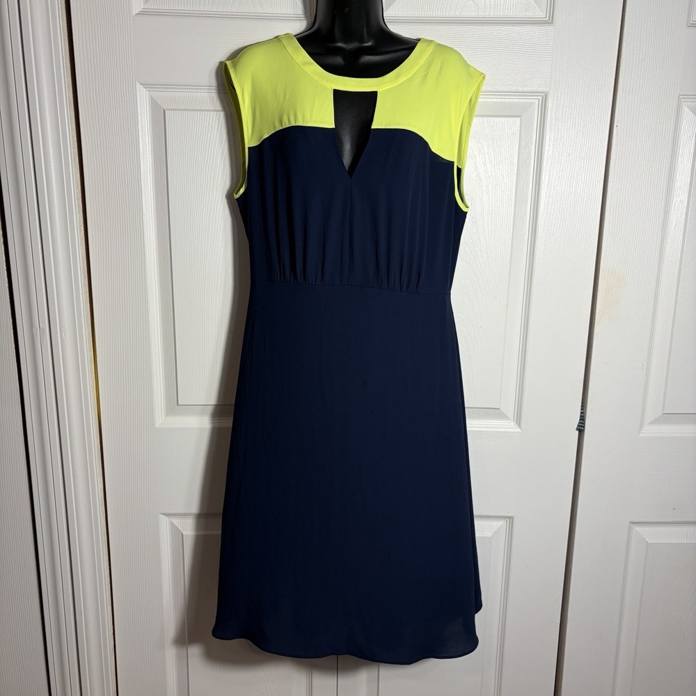 BCBGMAXAZRIA Jimi Color Block Cutout Dress Women 12 Blue Neon Yellow Sleeveless